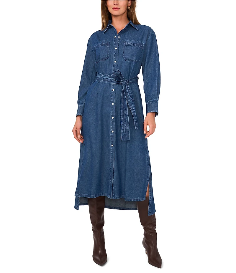 1. STATE Button Front Collared V-Neckline Long Sleeve Shirt Dress