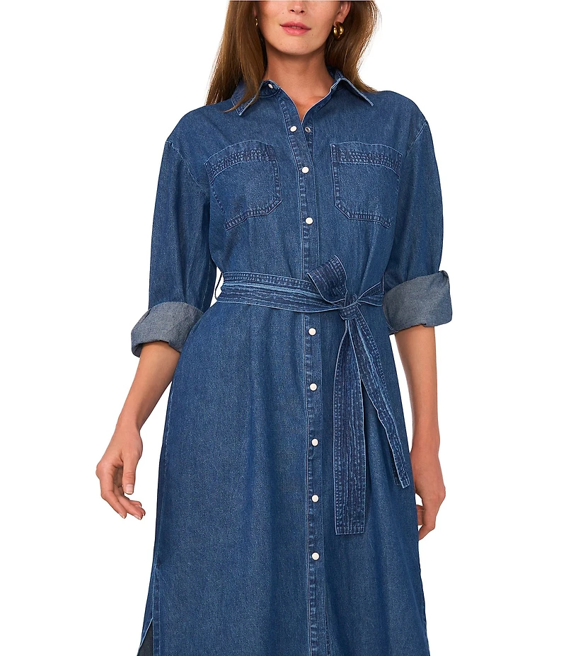 1. STATE Button Front Collared V-Neckline Long Sleeve Shirt Dress