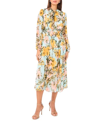 1. STATE Chiffon Floral Print V-Neck Long Sleeve A-Line Midi Dress