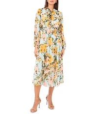 1. STATE Chiffon Floral Print V-Neck Long Sleeve A-Line Midi Dress