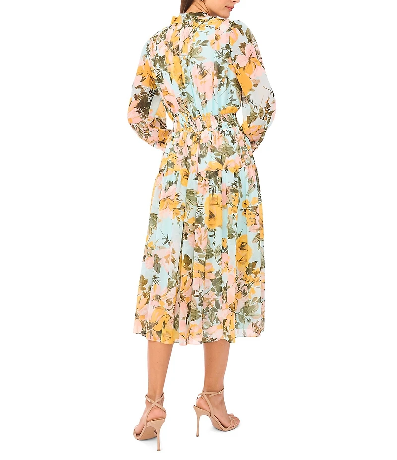1. STATE Chiffon Floral Print V-Neck Long Sleeve A-Line Midi Dress