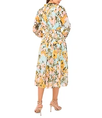 1. STATE Chiffon Floral Print V-Neck Long Sleeve A-Line Midi Dress