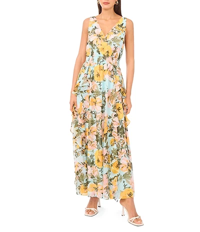 1. STATE Chiffon Floral Print V-Neck Sleeveless Ruffle Maxi Dress