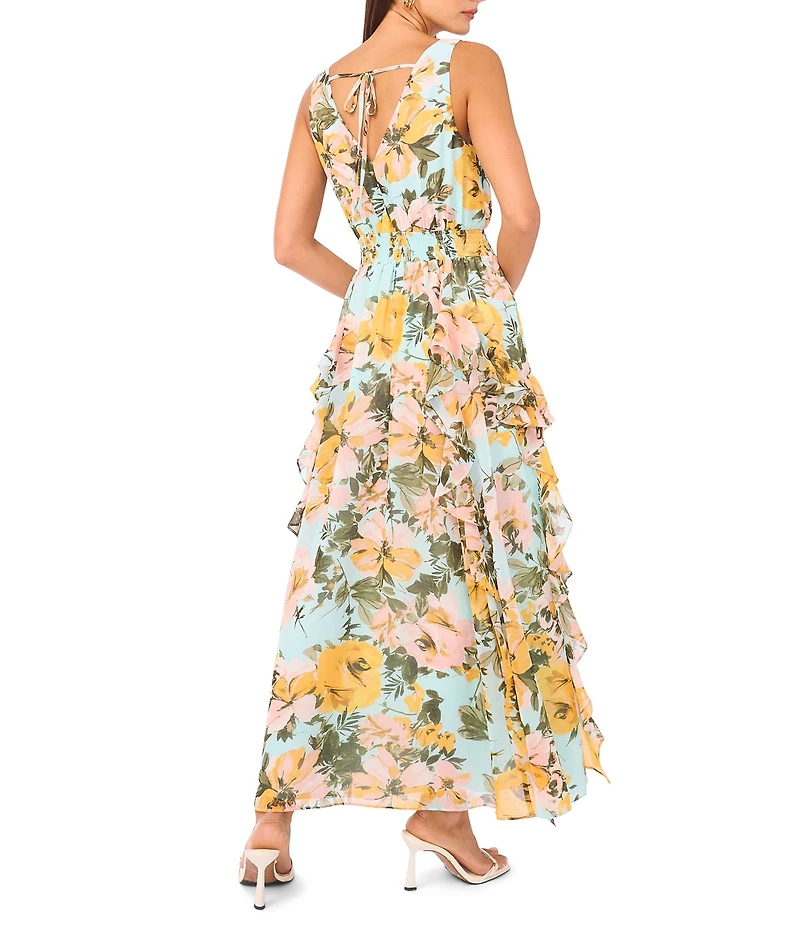 1. STATE Chiffon Floral Print V-Neck Sleeveless Ruffle Maxi Dress