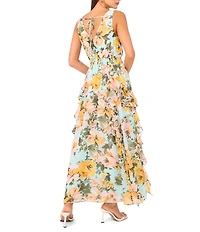 1. STATE Chiffon Floral Print V-Neck Sleeveless Ruffle Maxi Dress