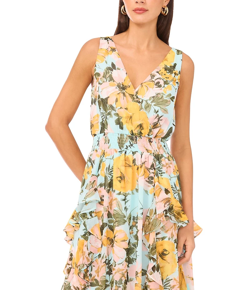 1. STATE Chiffon Floral Print V-Neck Sleeveless Ruffle Maxi Dress