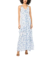 1. STATE Chiffon Toile Print Crew Neck Sleeveless Ruffle A-Line Maxi Dress