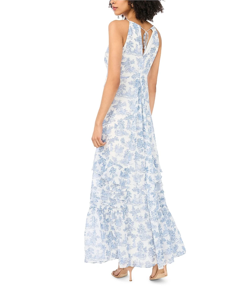 1. STATE Chiffon Toile Print Crew Neck Sleeveless Ruffle A-Line Maxi Dress