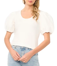 1. STATE Combo Woven Knit Crew Neck Short Puff Sleeve Blouse