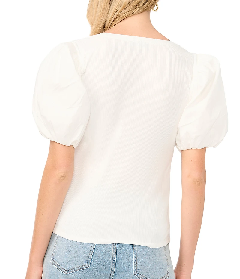 1. STATE Combo Woven Knit Crew Neck Short Puff Sleeve Blouse