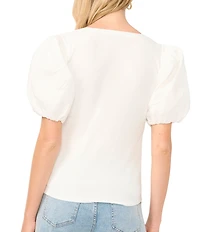 1. STATE Combo Woven Knit Crew Neck Short Puff Sleeve Blouse
