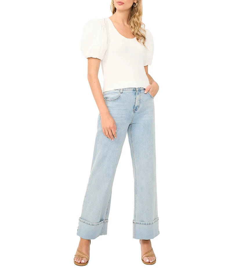 1. STATE Combo Woven Knit Crew Neck Short Puff Sleeve Blouse