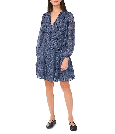 1. STATE Ditsy Floral Print V-Neck Sheer Blouson Long Sleeve Dress