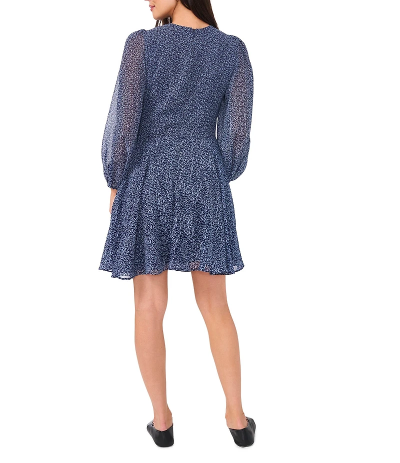 1. STATE Ditsy Floral Print V-Neck Sheer Blouson Long Sleeve Dress