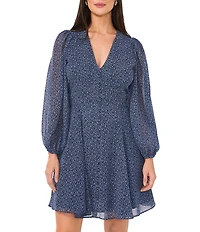 1. STATE Ditsy Floral Print V-Neck Sheer Blouson Long Sleeve Dress