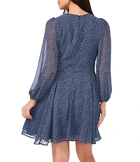1. STATE Ditsy Floral Print V-Neck Sheer Blouson Long Sleeve Dress