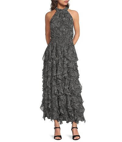 1. STATE Dot Print Halter Neck Sleeveless Ruffle Maxi Dress