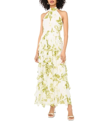 1. STATE Floral Print Halter Neck Flounce Cascading Ruffle Corkscrew Maxi A-Line Dress