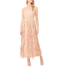 1. STATE Floral Print Halter Neck Sleeveless Flounce Cascading Maxi Dress
