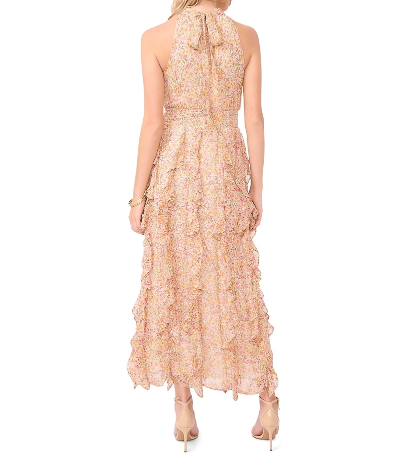 1. STATE Floral Print Halter Neck Sleeveless Flounce Cascading Maxi Dress