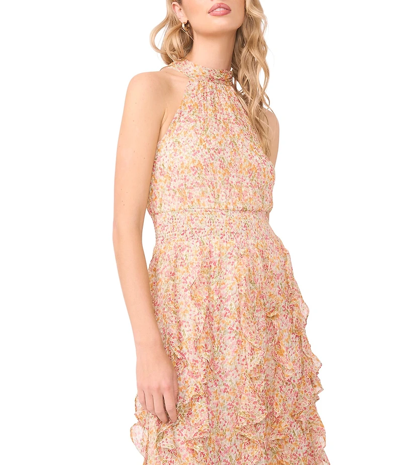 1. STATE Floral Print Halter Neck Sleeveless Flounce Cascading Maxi Dress