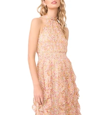 1. STATE Floral Print Halter Neck Sleeveless Flounce Cascading Maxi Dress