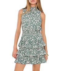 1. STATE Floral Print Mock Neck Smocked Tiered Blouson Mini Dress