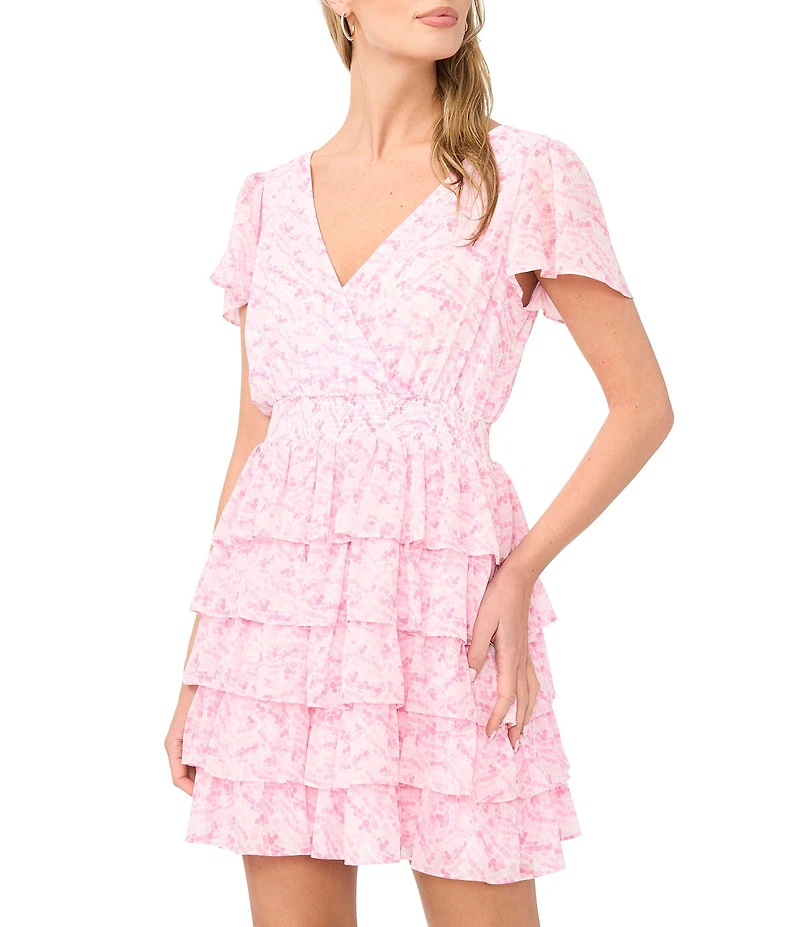 1. STATE Floral Print V-Neck Short Flutter Sleeve Ruffle Dress