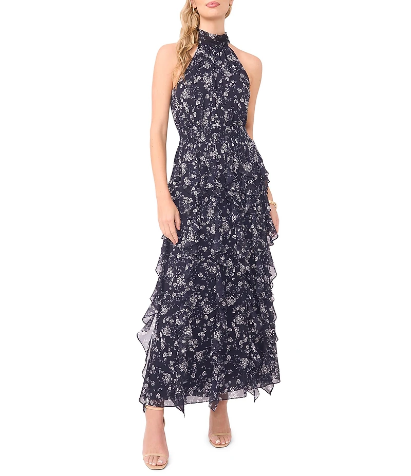 1. STATE Halter Neck Sleeveless Cascading Ruffle Maxi Dress