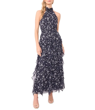 1. STATE Halter Neck Sleeveless Cascading Ruffle Maxi Dress