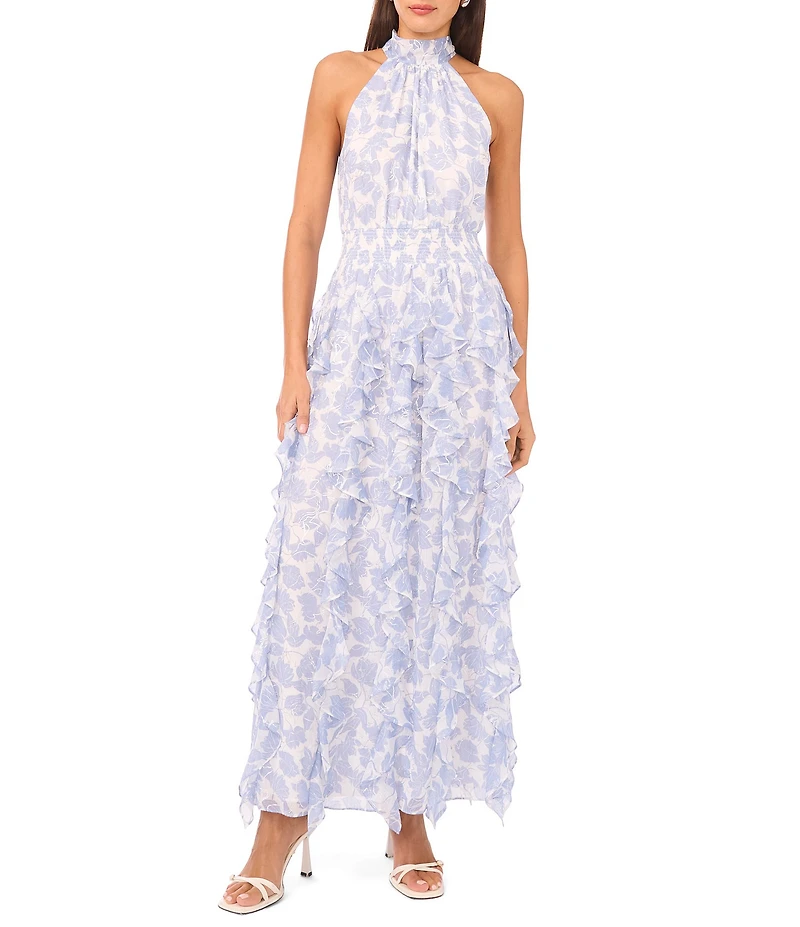 1. STATE Halter Neck Sleeveless Flounce Cascading Ruffle Maxi Dress