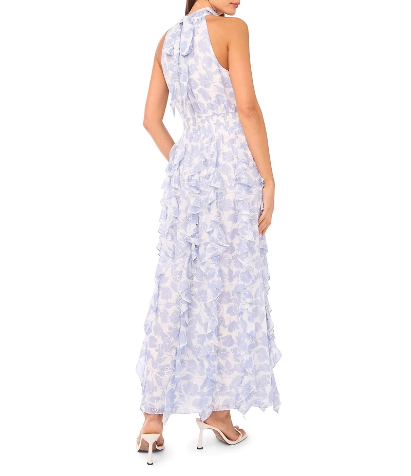 1. STATE Halter Neck Sleeveless Flounce Cascading Ruffle Maxi Dress