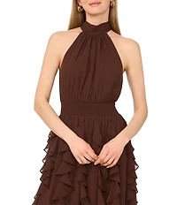 1. STATE Halter Neck Sleeveless Ruffle Maxi Dress