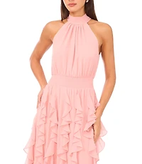 1. STATE Halter Neck Sleeveless Ruffle Maxi Dress