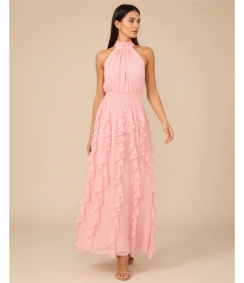 1. STATE Halter Neck Sleeveless Ruffle Maxi Dress
