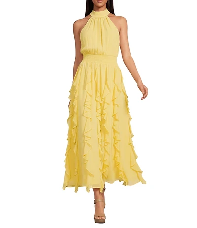 1. STATE Halter Neck Sleeveless Ruffle Maxi Dress