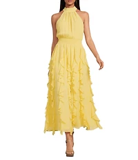 1. STATE Halter Neck Sleeveless Ruffle Maxi Dress