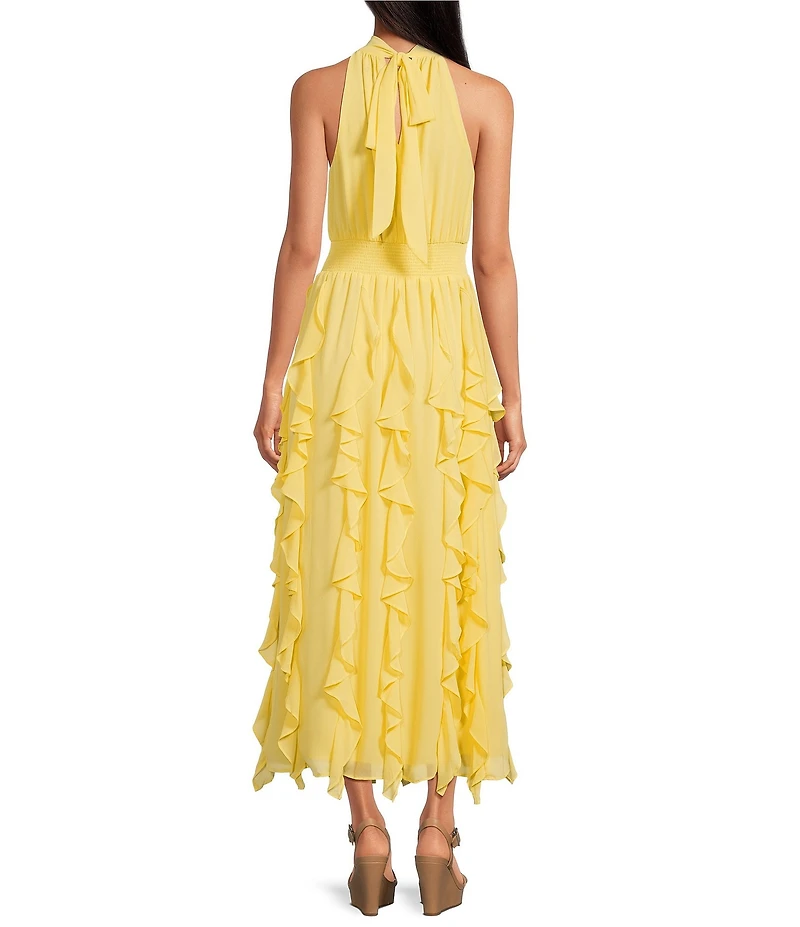 1. STATE Halter Neck Sleeveless Ruffle Maxi Dress