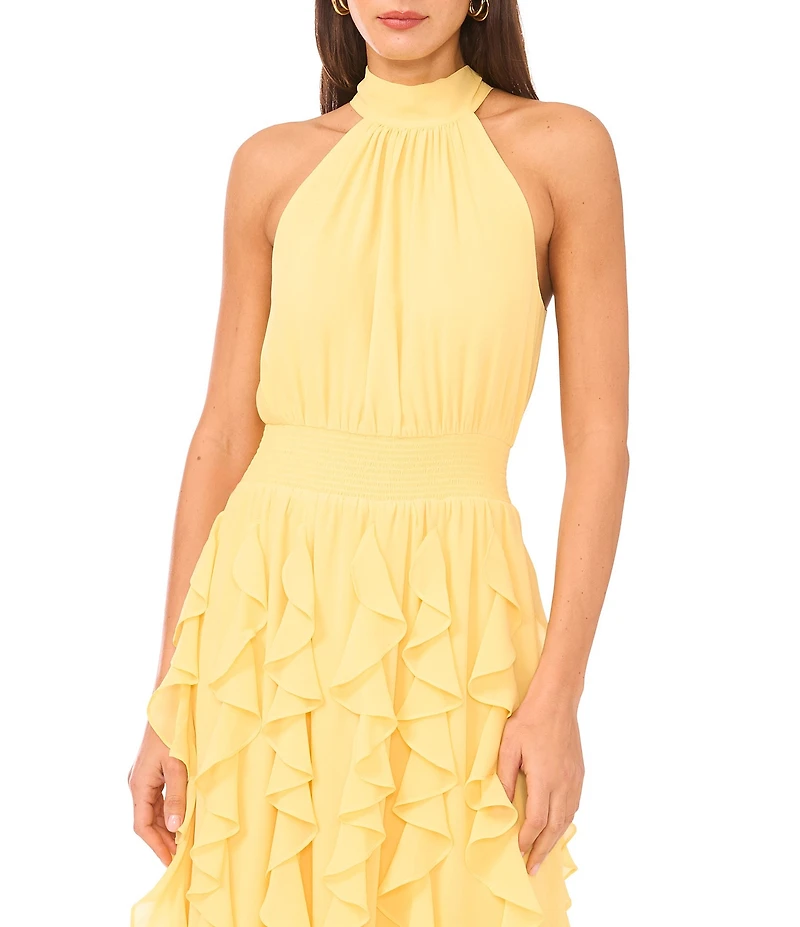 1. STATE Halter Neck Sleeveless Ruffle Midi Dress