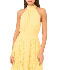 1. STATE Halter Neck Sleeveless Ruffle Midi Dress