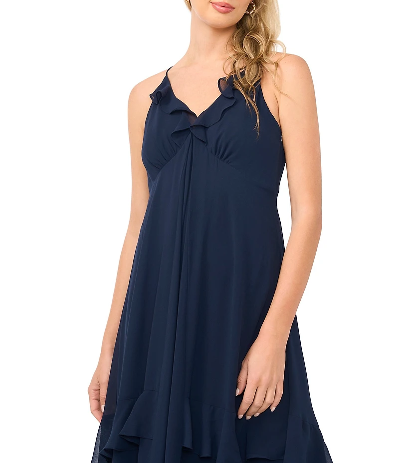 1. STATE Knit V-Neck Sleeveless Maxi Ruffle A-Line Dress