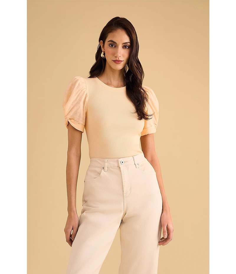1. STATE Knotted Crew Neck Short Puff Sleeve Top
