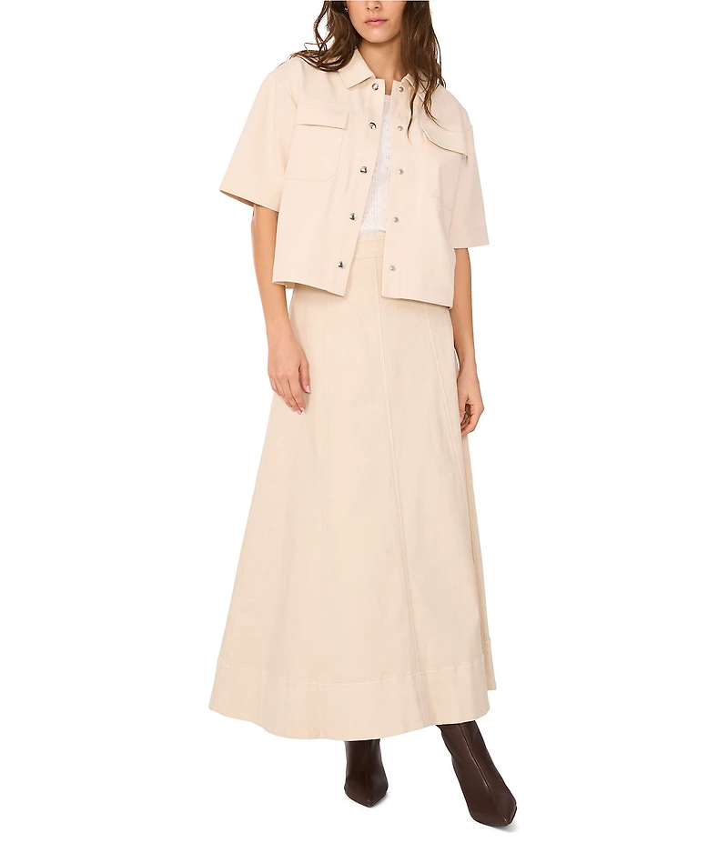 1. STATE Linen Blend Point Collar Short Sleeve Button Front Cropped Jacket
