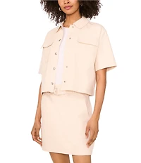 1. STATE Linen Blend Point Collar Short Sleeve Button Front Cropped Jacket