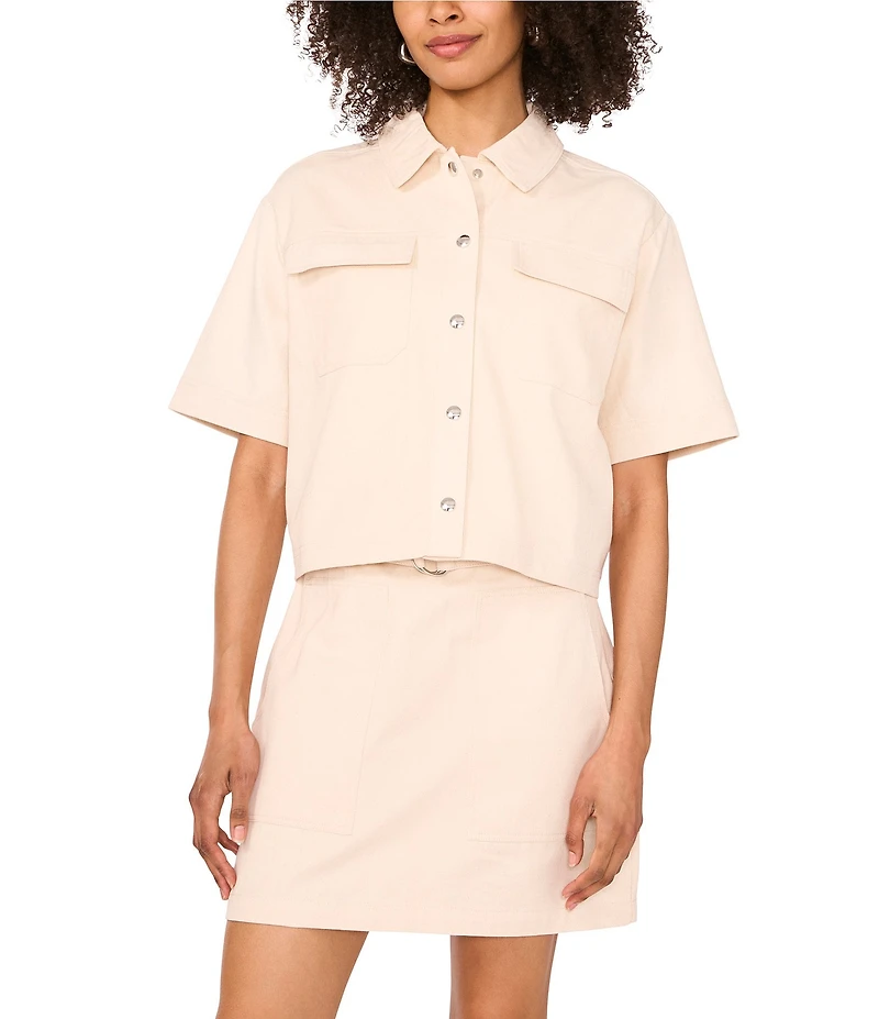 1. STATE Linen Blend Point Collar Short Sleeve Button Front Cropped Jacket
