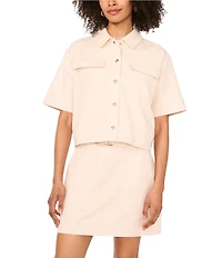 1. STATE Linen Blend Point Collar Short Sleeve Button Front Cropped Jacket