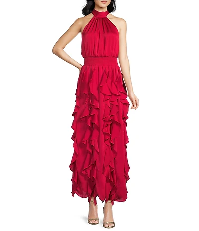 1. STATE Mock Neck Sleeveless Ruffle Maxi Dress