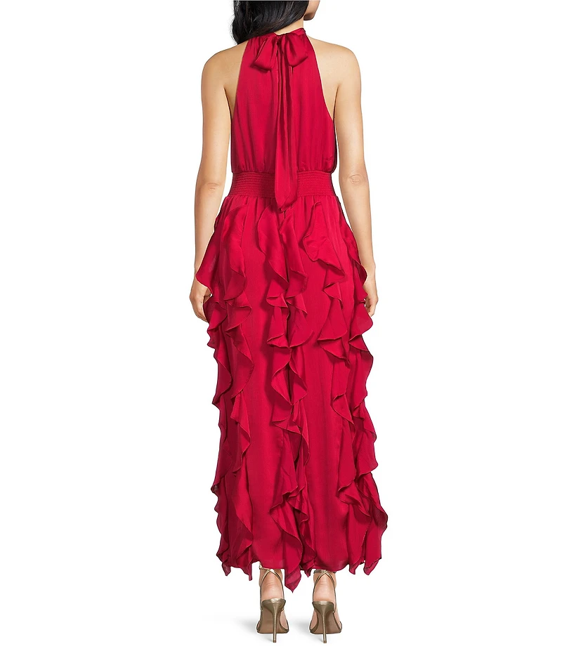 1. STATE Mock Neck Sleeveless Ruffle Maxi Dress