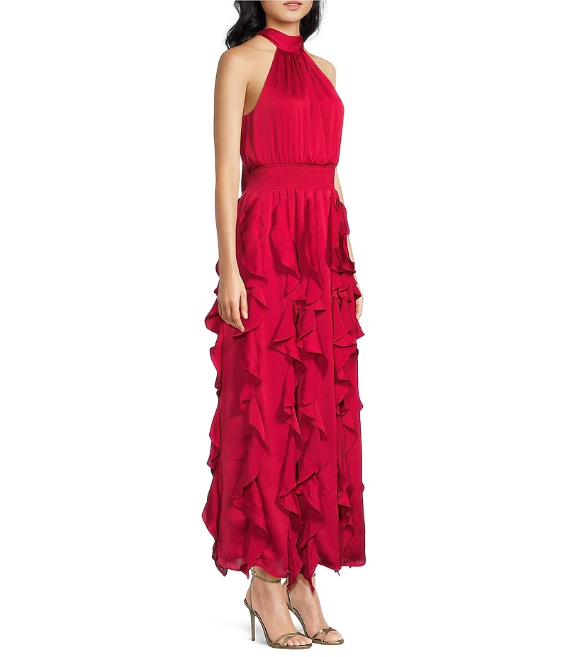 1. STATE Mock Neck Sleeveless Ruffle Maxi Dress
