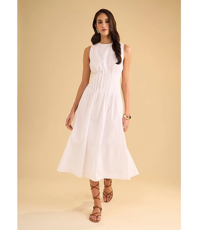 1. STATE Poplin Crew Neckline Sleeveless Pintuck Midi Fit And Flare Midi Dress